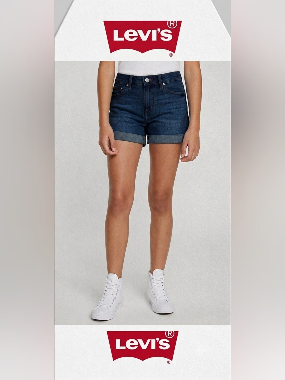 Levi's Girlfriend Dark Blue Denim Cuffed Shorts Adjustable Waist Stretch